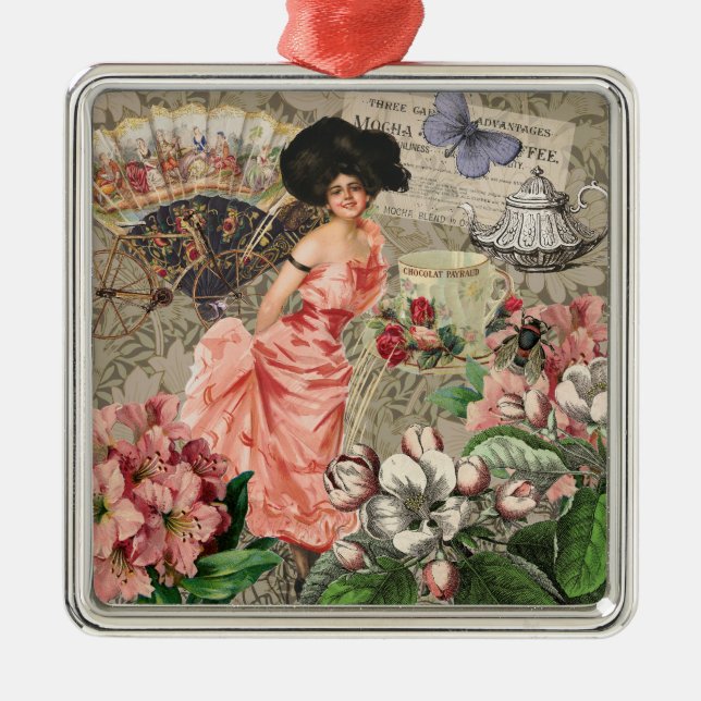 Coffee Lady Victorian Woman Pink Classy Metal Ornament (Front)