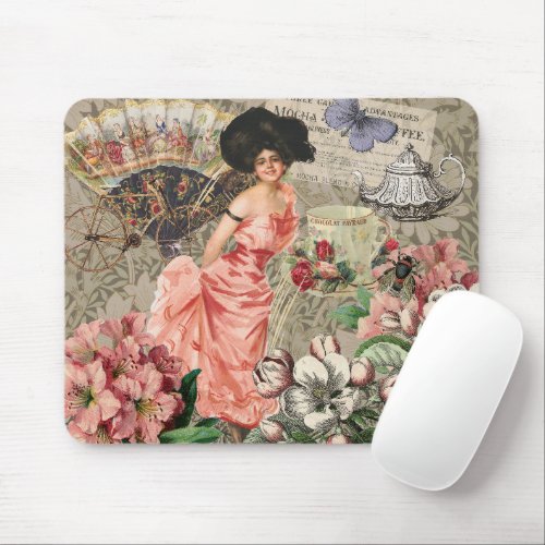 Coffee Lady Victorian Woman Pink Classy Mouse Pad