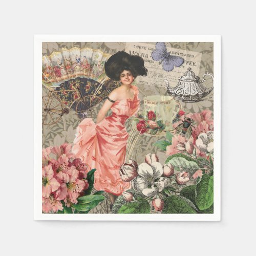 Coffee Lady Victorian Woman Pink Classy Napkins