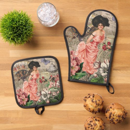 Coffee Lady Victorian Woman Pink Classy Oven Mitt  Pot Holder Set