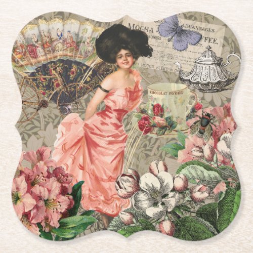 Coffee Lady Victorian Woman Pink Classy Paper Coaster