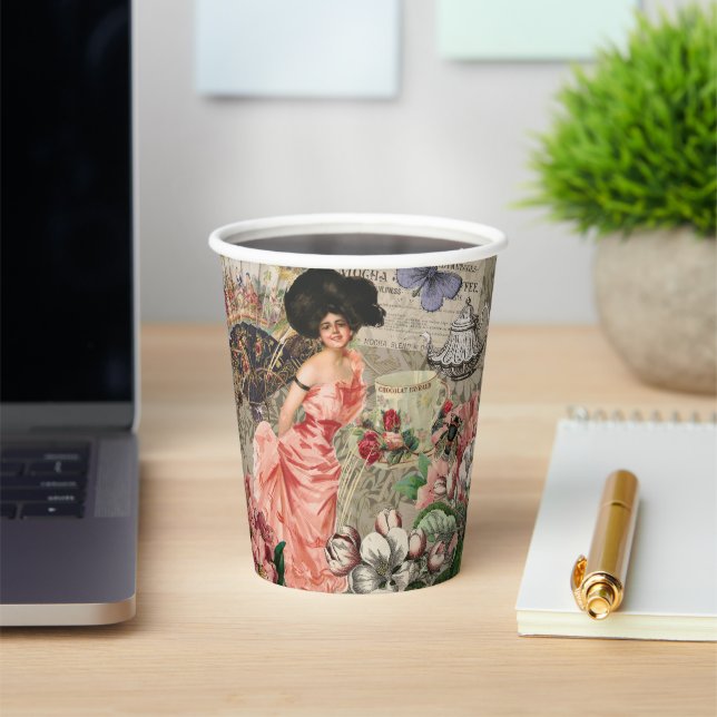 Coffee Lady Victorian Woman Pink Classy Paper Cups (Insitu)