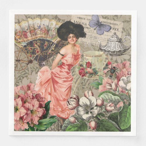 Coffee Lady Victorian Woman Pink Classy Paper Dinner Napkins