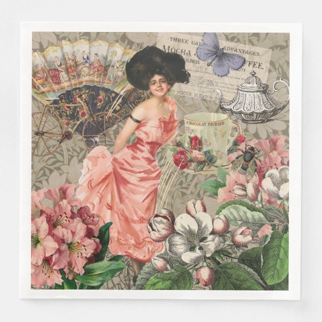 Coffee Lady Victorian Woman Pink Classy Paper Dinner Napkins (Front)