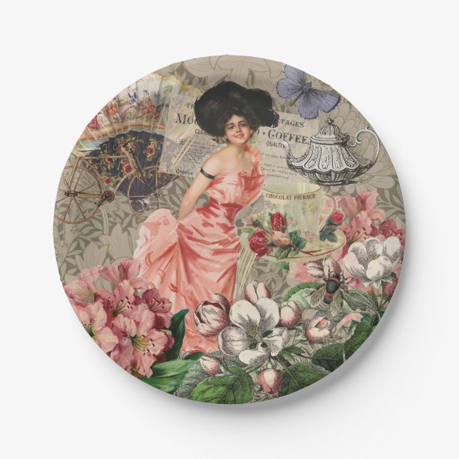 Coffee Lady Victorian Woman Pink Classy Paper Plates (Front)