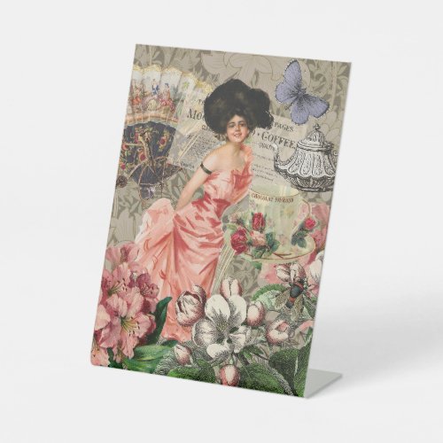 Coffee Lady Victorian Woman Pink Classy Pedestal Sign