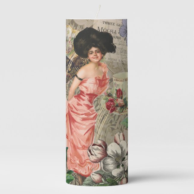Coffee Lady Victorian Woman Pink Classy Pillar Candle (Front)