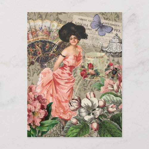 Coffee Lady Victorian Woman Pink Classy Postcard
