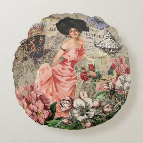 Coffee Lady Victorian Woman Pink Classy Round Pillow