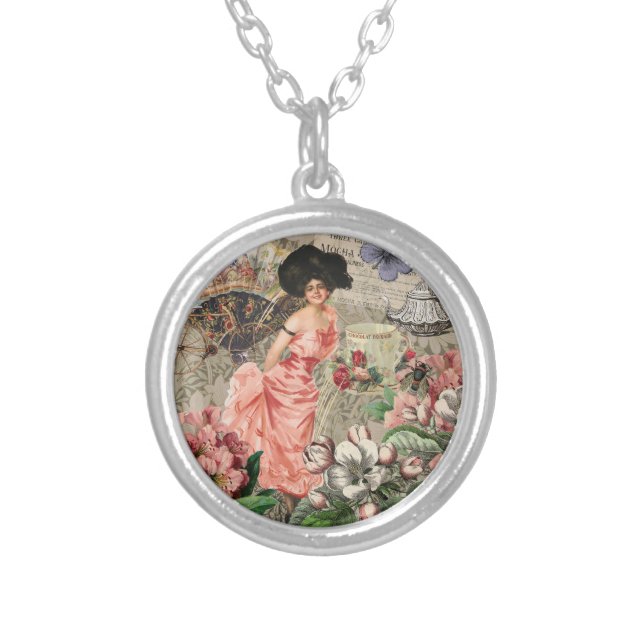 Coffee Lady Victorian Woman Pink Classy Silver Plated Necklace (Front)