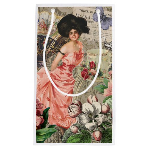 Coffee Lady Victorian Woman Pink Classy Small Gift Bag