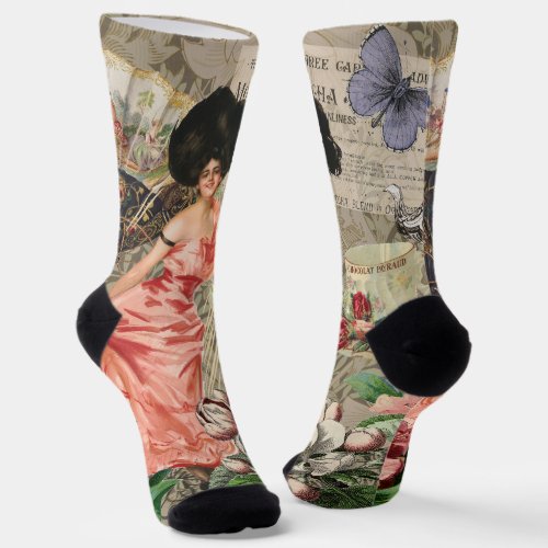 Coffee Lady Victorian Woman Pink Classy Socks