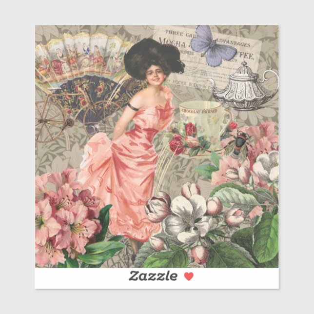 Coffee Lady Victorian Woman Pink Classy Sticker (Sheet)