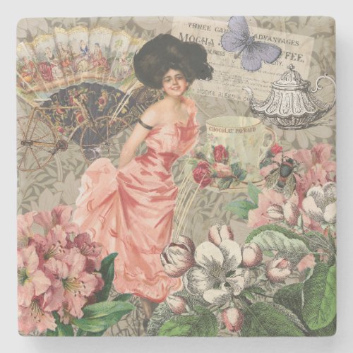 Coffee Lady Victorian Woman Pink Classy Stone Coaster