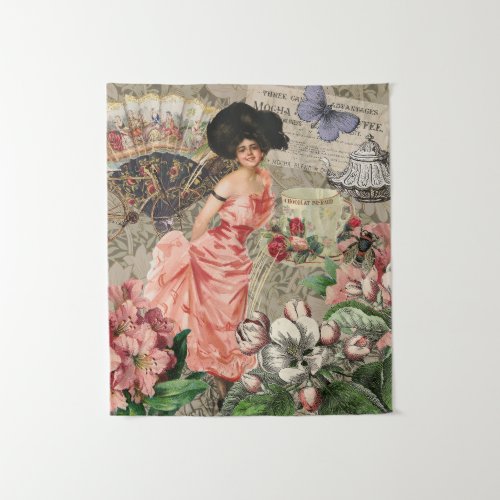 Coffee Lady Victorian Woman Pink Classy Tapestry