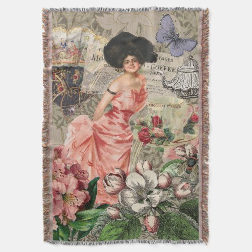 Coffee Lady Victorian Woman Pink Classy Throw Blanket