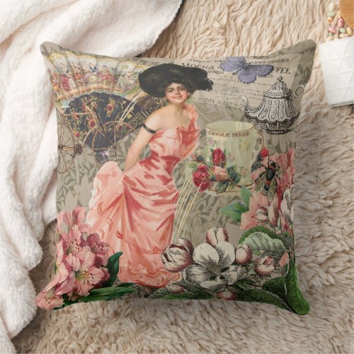 Coffee Lady Victorian Woman Pink Classy Throw Pillow