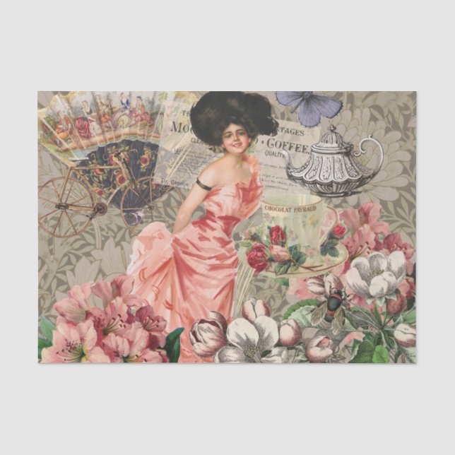 Coffee Lady Victorian Woman Pink Classy Tissue Paper (Front)