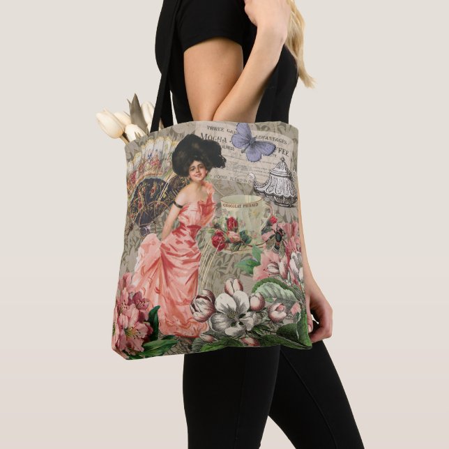 Coffee Lady Victorian Woman Pink Classy Tote Bag (Close Up)