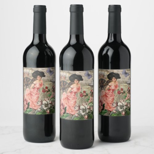Coffee Lady Victorian Woman Pink Classy Wine Label