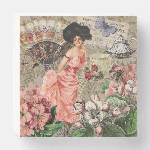 Coffee Lady Victorian Woman Pink Classy Wooden Box Sign