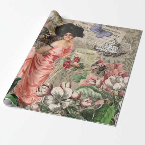 Coffee Lady Victorian Woman Pink Classy Wrapping Paper