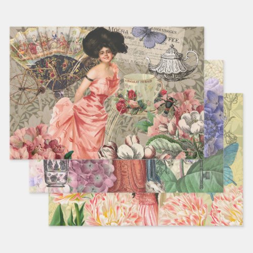 Coffee Lady Victorian Woman Pink Classy Wrapping Paper Sheets
