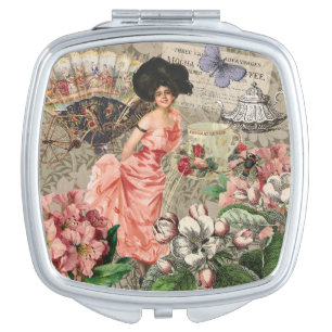 Coffee Lady Victorian Woman Pink Rich Gown Compact Mirror