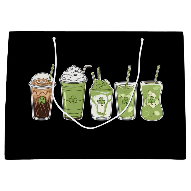 Coffee Latte Green Cute Irish St Patrick's Day Large Gift Bag (Front)