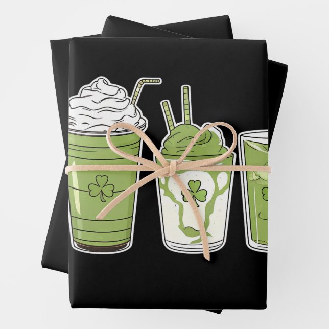 Coffee Latte Green Cute Irish St Patrick's Day Wrapping Paper Sheets (In situ)