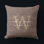 Coffee Linen Monogram Wedding Keepsake Throw Pillow<br><div class="desc">Rustic and modern wedding keepsake coffee woven linen effect pillow with your text in white chic handwritten script calligraphy and your monogram in gold stylish typography. Simply add your names, monogram and wedding date. Great gift for a newlywed couple. Exclusively designed for you by Happy Dolphin Studio. If you need...</div>
