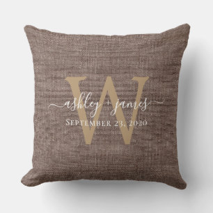 Coffee Linen Monogram Wedding Keepsake Throw Pillow
