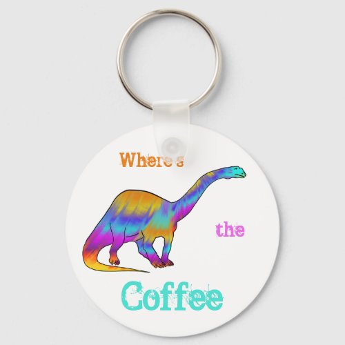 Coffee Love Cool Rainbow Brontosaurus Dinosaur Art Keychain