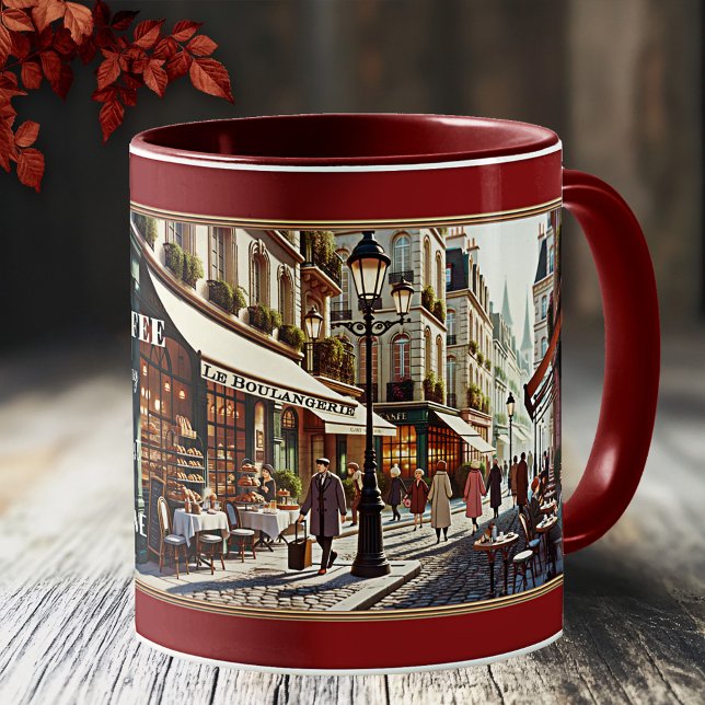 Coffee Love French Retro Bakery Paris Mug (Mug featuring a French city scene in retro style with coffee shops and bakeries)