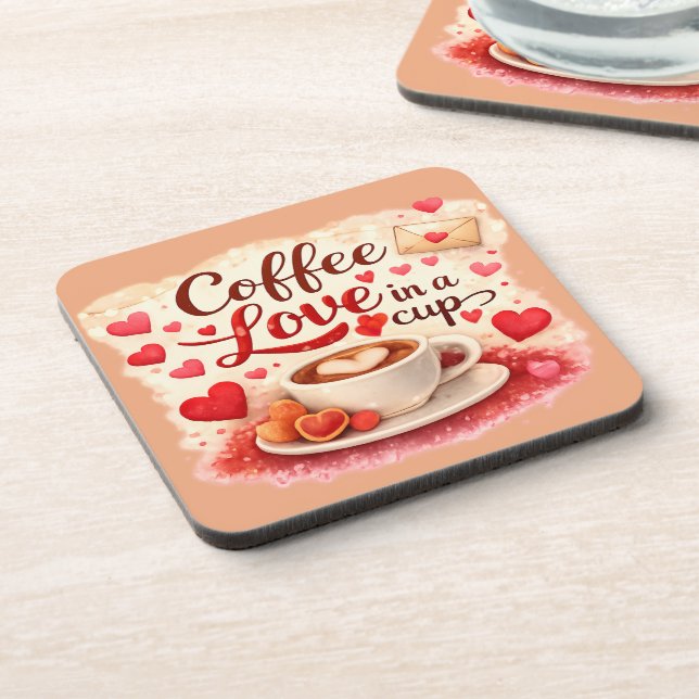 Coffee Love in a Cup Coffee Lover Valentine Brown  Beverage Coaster (Left Side)