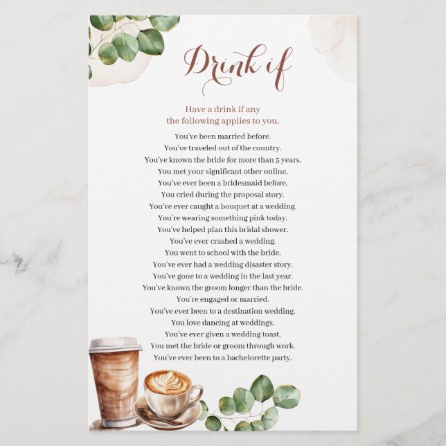 Coffee Love is Brewing Drink If Bridal Shower Game (Front)