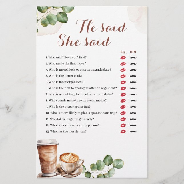 Coffee Love is Brewing He Said She Said Game (Front)