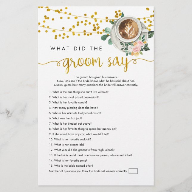 Coffee Love is Brewing What Did The Groom Say Game (Front)