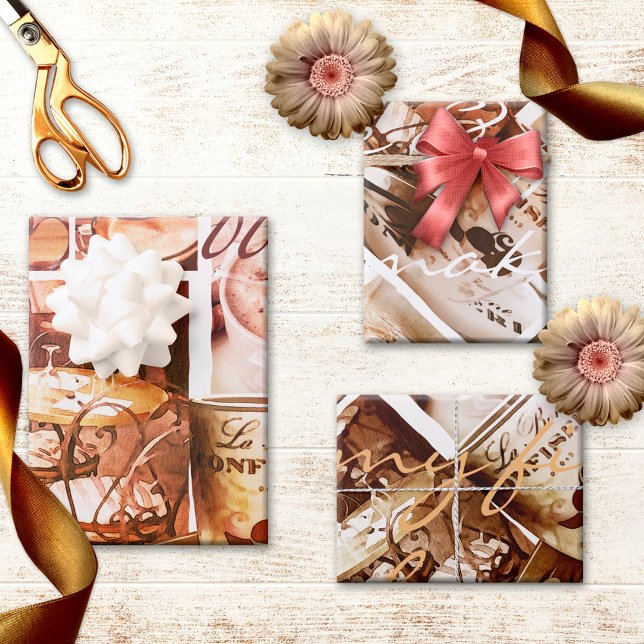 Coffee Love Sweet Romantic Paris Wrapping Paper Sheets (Wrapping paper sheets featuring a collage of coffee images and Paris in watercolor style)
