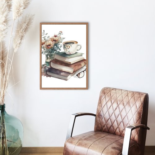 Coffee Lover Boho Floral Watercolor Green Brown Poster
