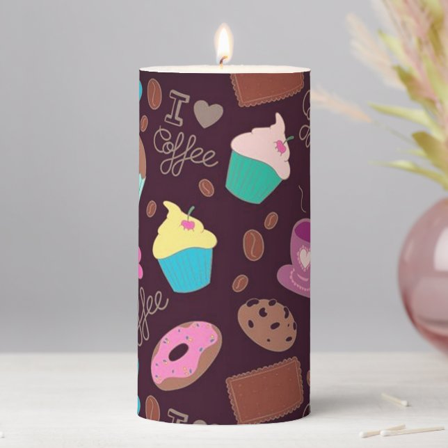 Coffee Lover Cups & Cupcakes Pillar Candle (In Situ)