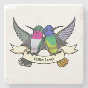 Coffee Lover Cute Hummingbirds Holding Ribbon Stone Coaster