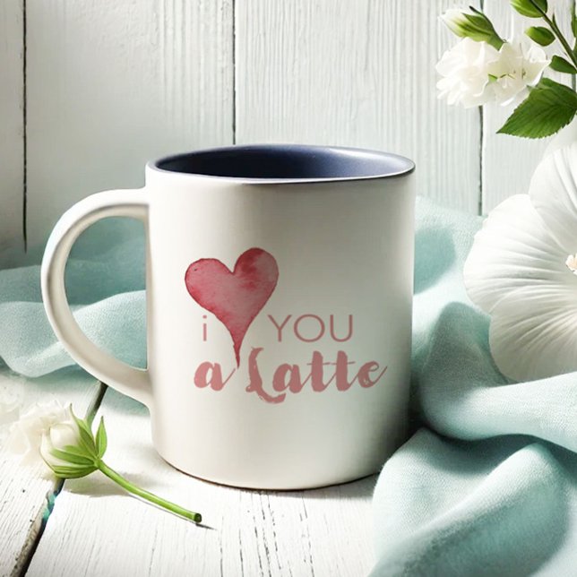 Coffee Lover Valentines Day Gifts Two-Tone Coffee Mug (Charming valentines gift ideas I Love You A Latte coffee mugs with watercolor heart.)