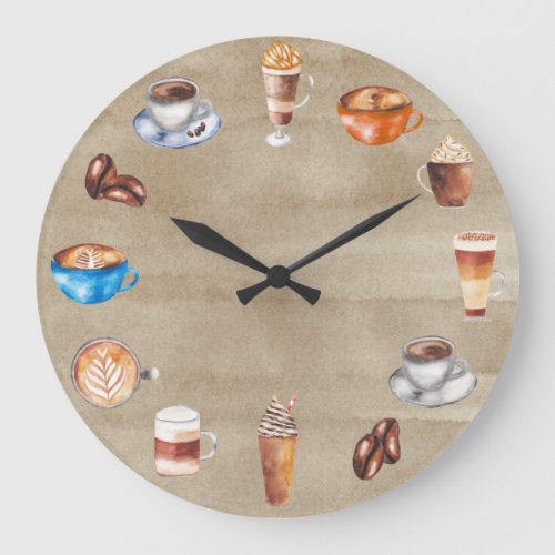 Coffee Lover Watercolor Bar Shop House Large Clock