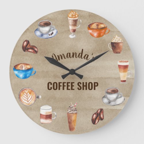 Coffee Lover Watercolor Business Coffee Shop Large Clock