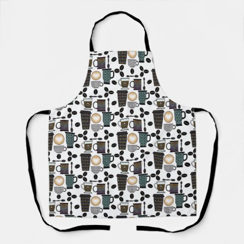 Coffee Lovers Mugs Cups  Beans Pattern Apron