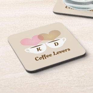 Coffee Lovers Pink Brown Custom Monogram Initials Beverage Coaster