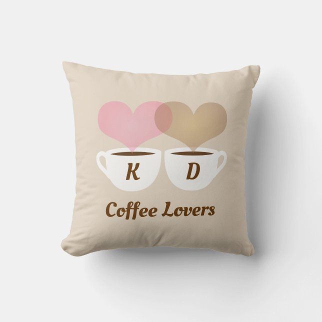 Coffee Lovers Pink Brown Custom Monogram Initials Throw Pillow (Front)