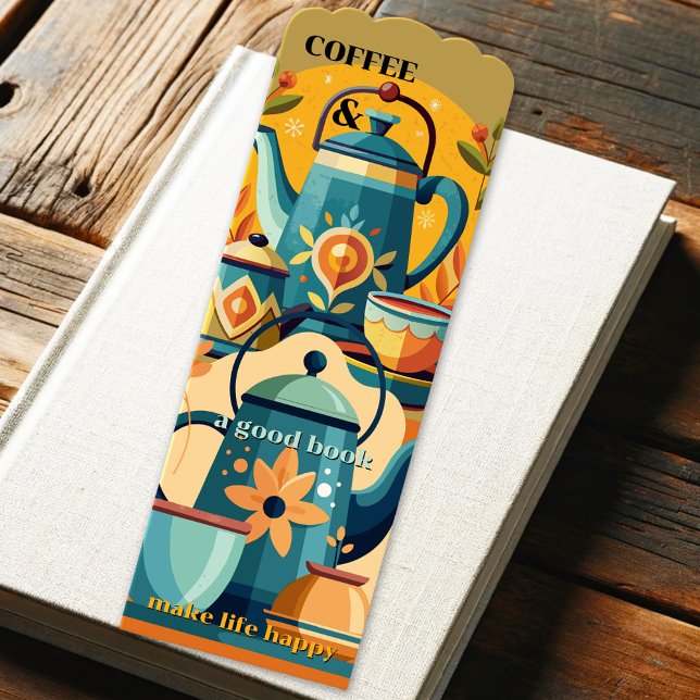 Coffee Lovers Retro Art Feel Good  Bookmarks (Bookmark for coffee lovers featuring coffee pots and cups in a colorful retro style)