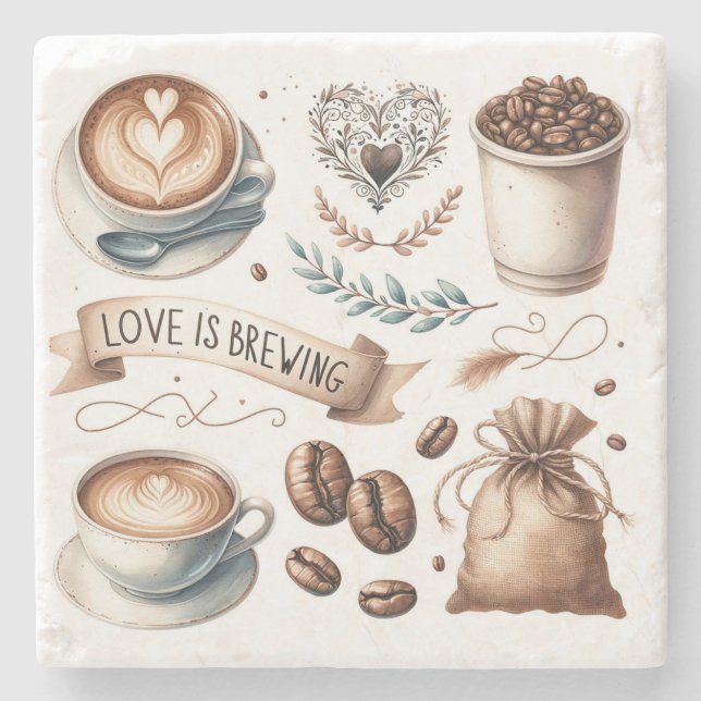 Coffee Lovers Theme Illustrated Latte Stone Coaster (Front)